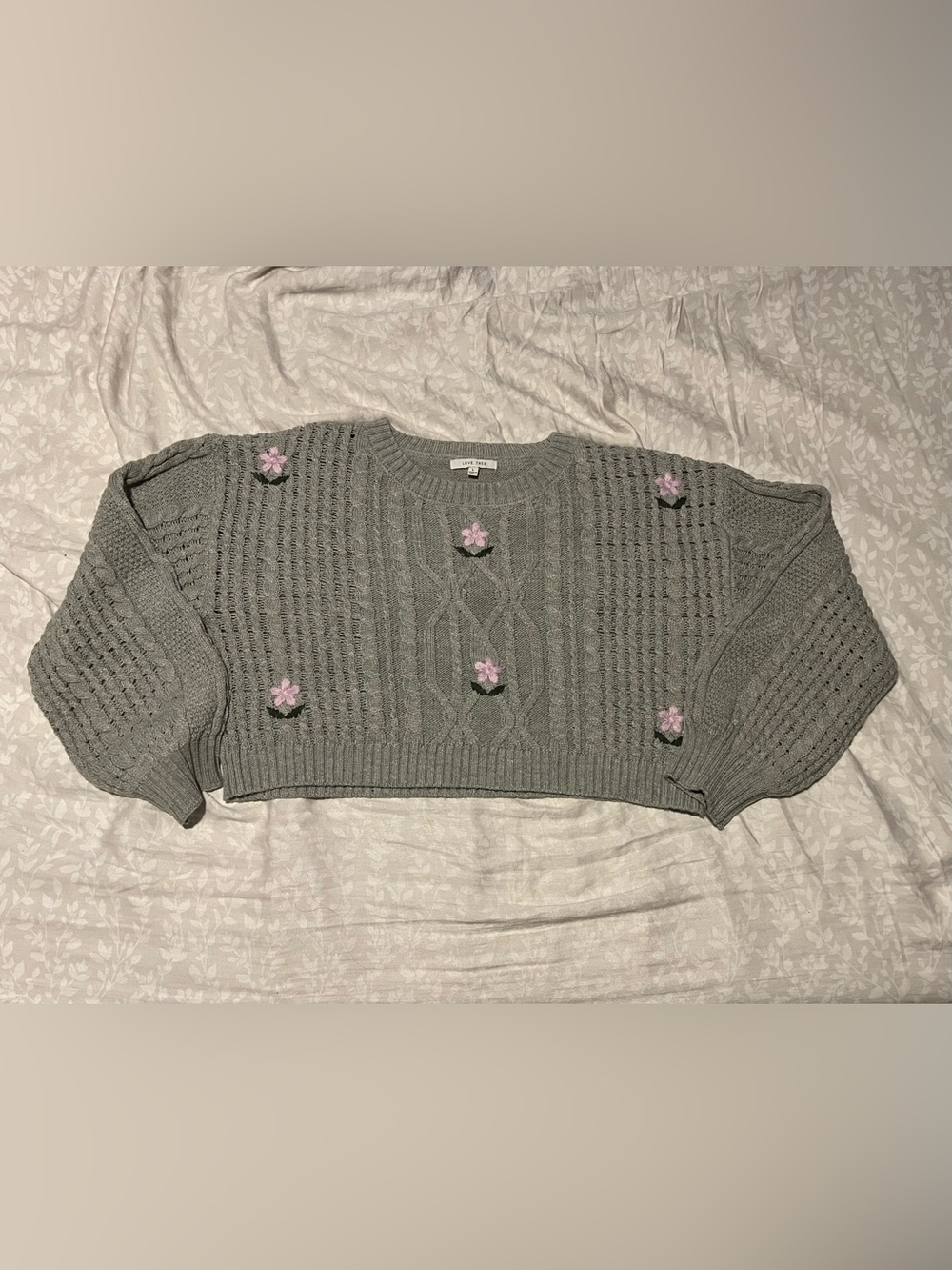 Love Tree Floral Embroidered Cropped Mini Cable Knit Sweater